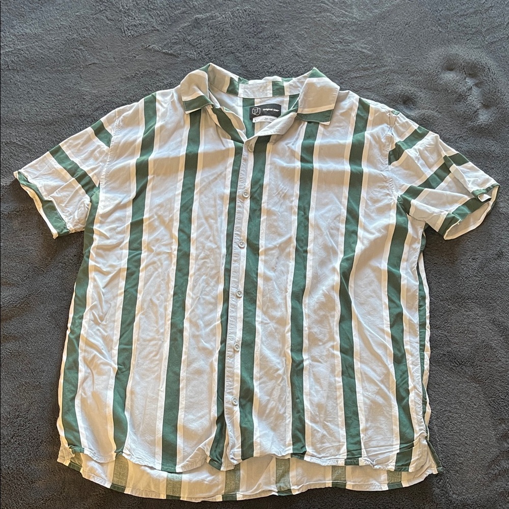 Original Use Green and White Striped Button-Down Shirt